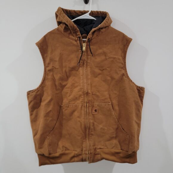 Carhartt Mens Duck Canvas Vest Size 2XL Brown Work Jacket Hooded Outdoor Chore - Picture 1 of 9